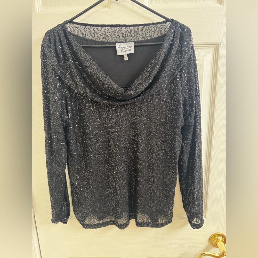 Lynn Ritchie Black Sequin Cowl Neck Blouse over a black camisole Size L